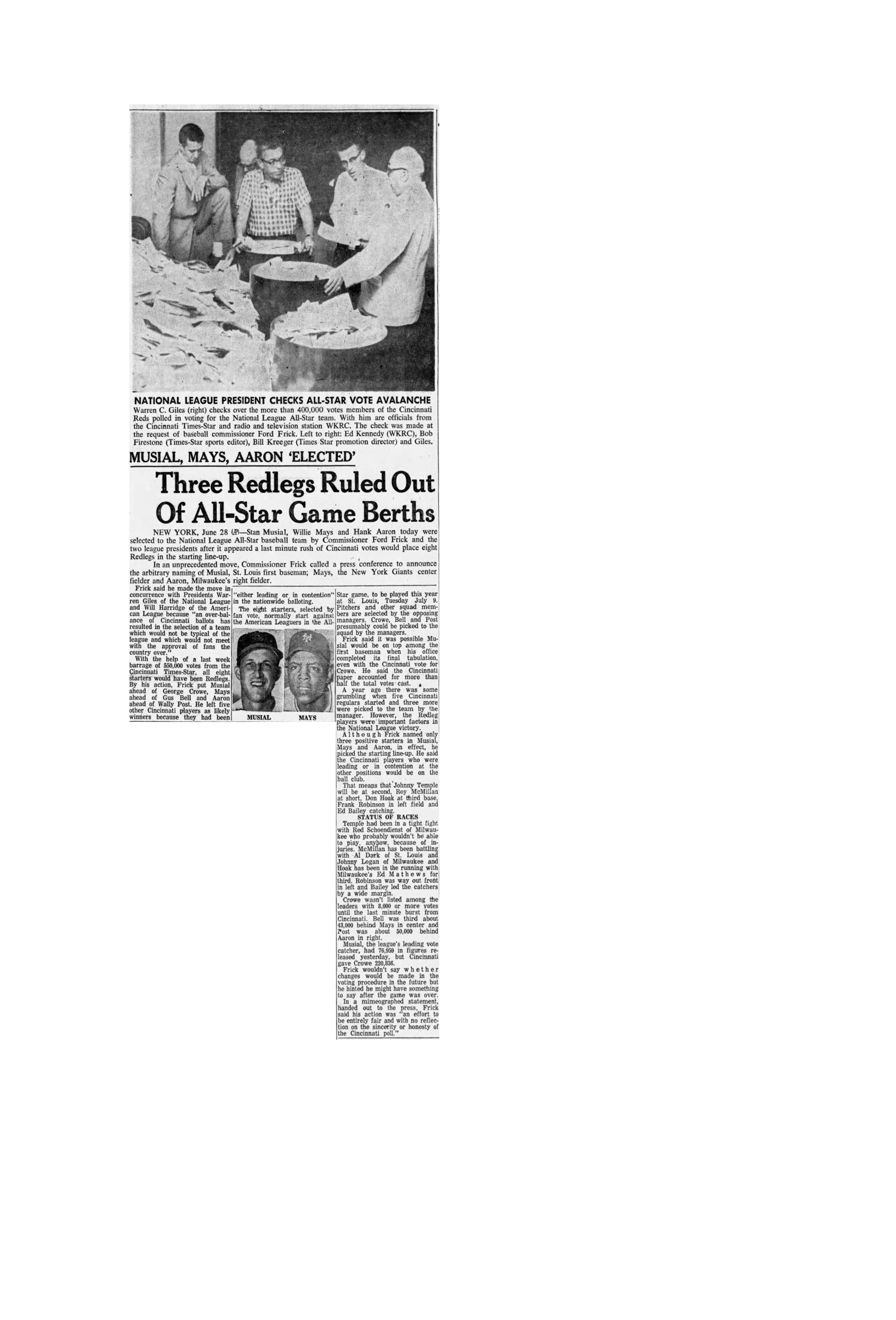 Cincinatti Redlegs fans stuffed ballots for 1957 All-Star, but Commissioner Ford Frick partially overruled them and went with real stars.